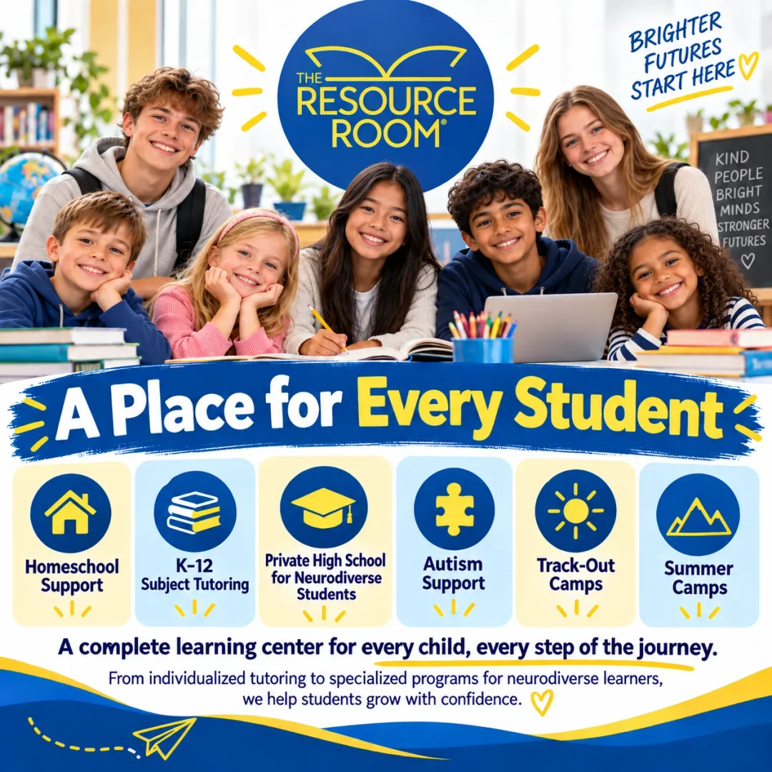 A Place for Every Student. Resource Room's programs: homeschool support, K-12 subject tutoring, a private high school for neurodiverse students, autism support, track-out camps and summer camps.