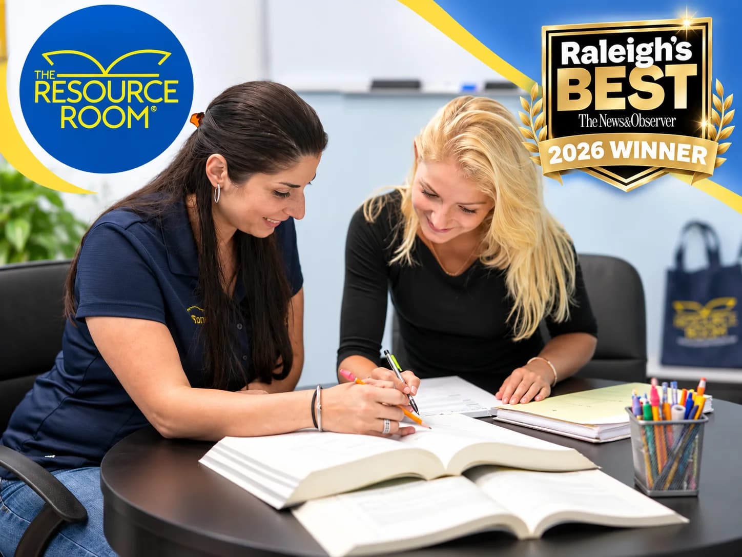 A Resource Room tutor and a student working together over open books at a table, with The Resource Room logo and the Raleigh’s Best 2026 Winner badge from The News & Observer.